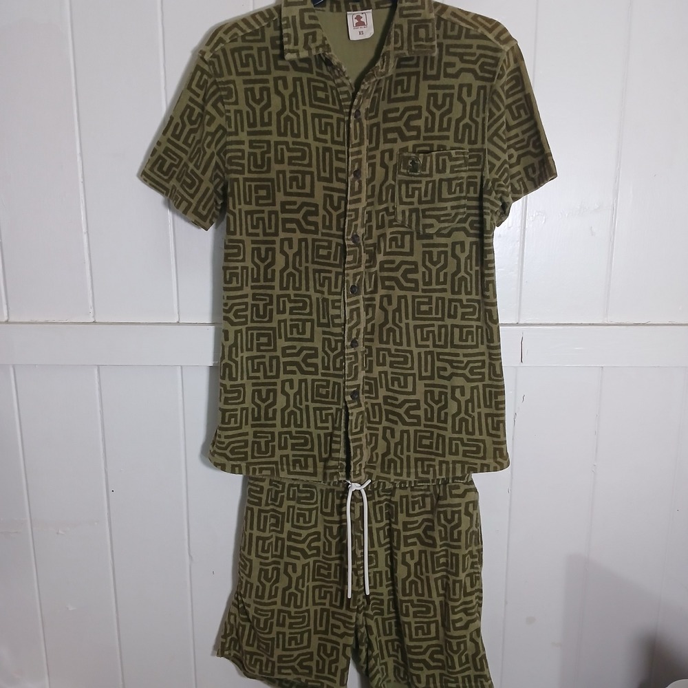 Dandy Del Mar Cabana Set Mens XS Olive Green Gaucho Terry Cloth Maze Pattern